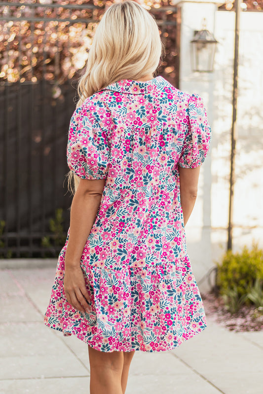 Pink Floral Collared Half Placket Short Sleeve Loose Dress Floral Dresses JT's Designer Fashion