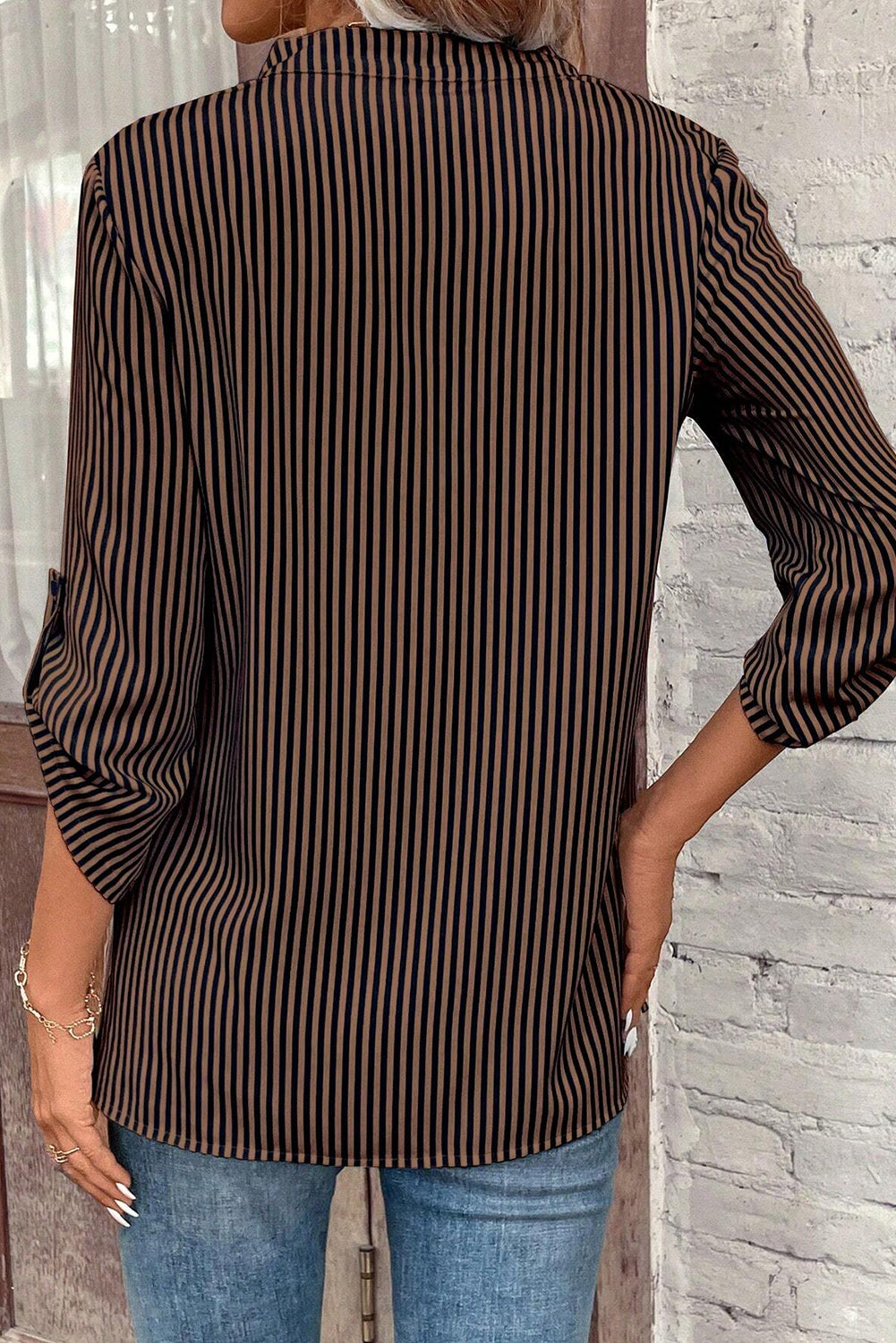 Brown Stripe V Neck Roll Up Sleeve Pocket Patched Classic Shirt Blouses & Shirts JT's Designer Fashion