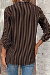 Brown Stripe V Neck Roll Up Sleeve Pocket Patched Classic Shirt Blouses & Shirts JT's Designer Fashion