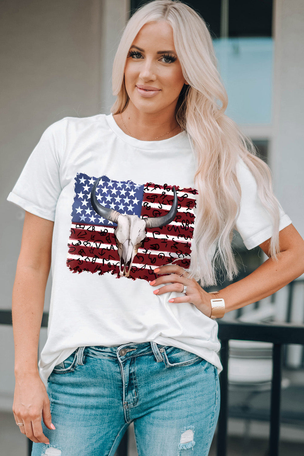 White Bull Skull American Flag Graphic Tee White 95%Polyester+5%Elastane Graphic Tees JT's Designer Fashion