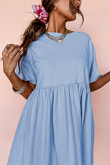 Sky Blue Solid Color Pocketed Raw Edge Babydoll Dress Mini Dresses JT's Designer Fashion