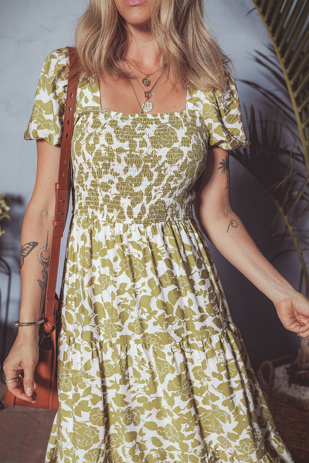 Yellow Boho Floral Square Neck Smocked Bust Puff Sleeve Tiered Long Dress Floral Dresses JT's Designer Fashion