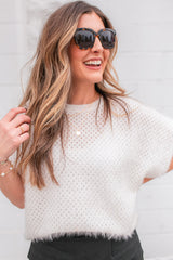 White Plush Eyelet Knitted Short Sleeve Top Sweaters & Cardigans JT's Designer Fashion