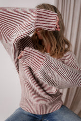 Red Dahlia Striped Print Ribbed Knit Boat Neck Baggy Sweater Sweaters JT's Designer Fashion