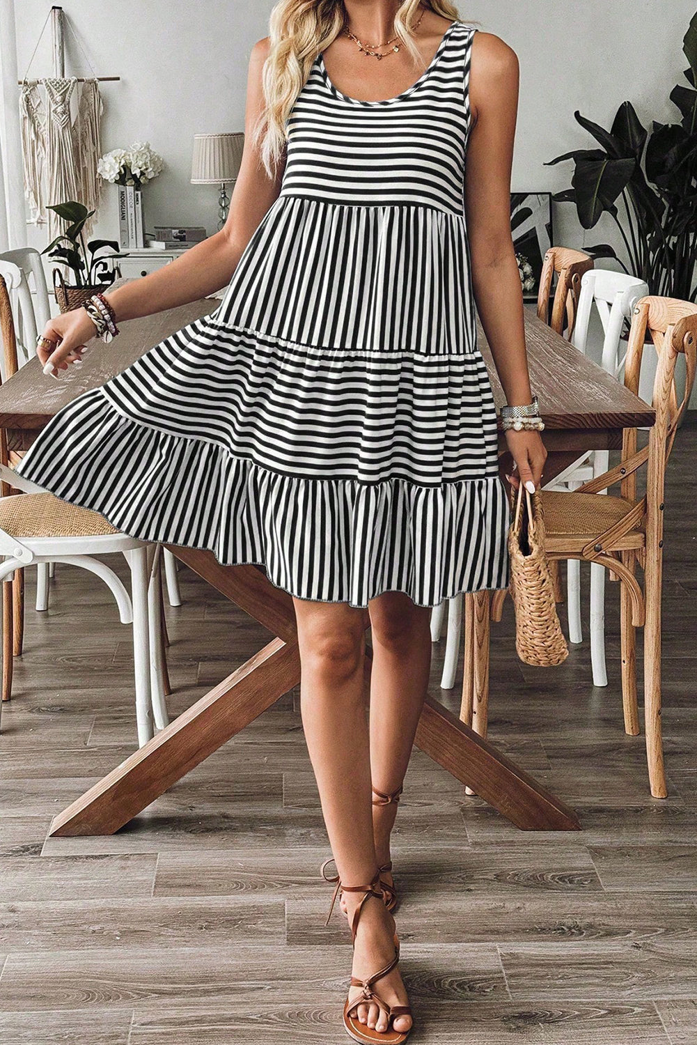 Black Stripe U Neck Sleeveless Loose Fit Mini Dress Dresses JT's Designer Fashion