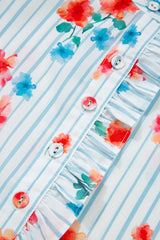 Sky Blue Stripe Floral Pattern Ruffle Short Sleeve Belted Mini Dress Dresses JT's Designer Fashion