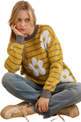 Yellow Stripe Daisy Floral Knitted Round Neck Sweater Sweaters JT's Designer Fashion