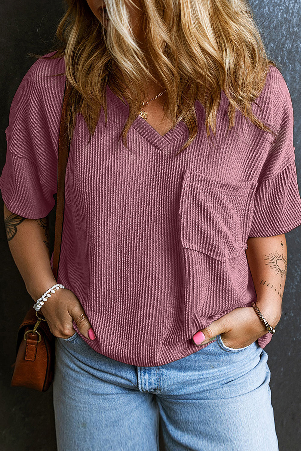 Rose Pink V Neck Patch Pocket Plus Size Corded T Shirt Plus Size JT's Designer Fashion