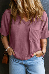 Rose Pink V Neck Patch Pocket Plus Size Corded T Shirt Plus Size JT's Designer Fashion