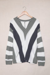 Gray Striped Colorblock V Neck Knitted Sweater Sweaters & Cardigans JT's Designer Fashion