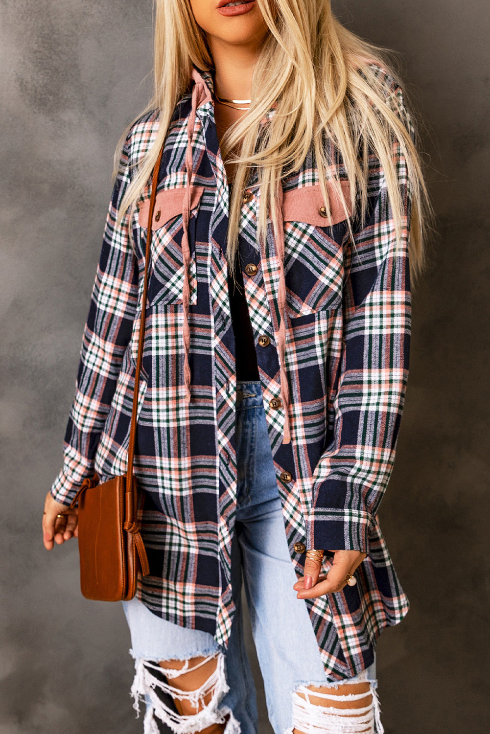 Pink Contrast Hooded Drawstring Plaid Shacket Plaid Shackets JT's Designer Fashion