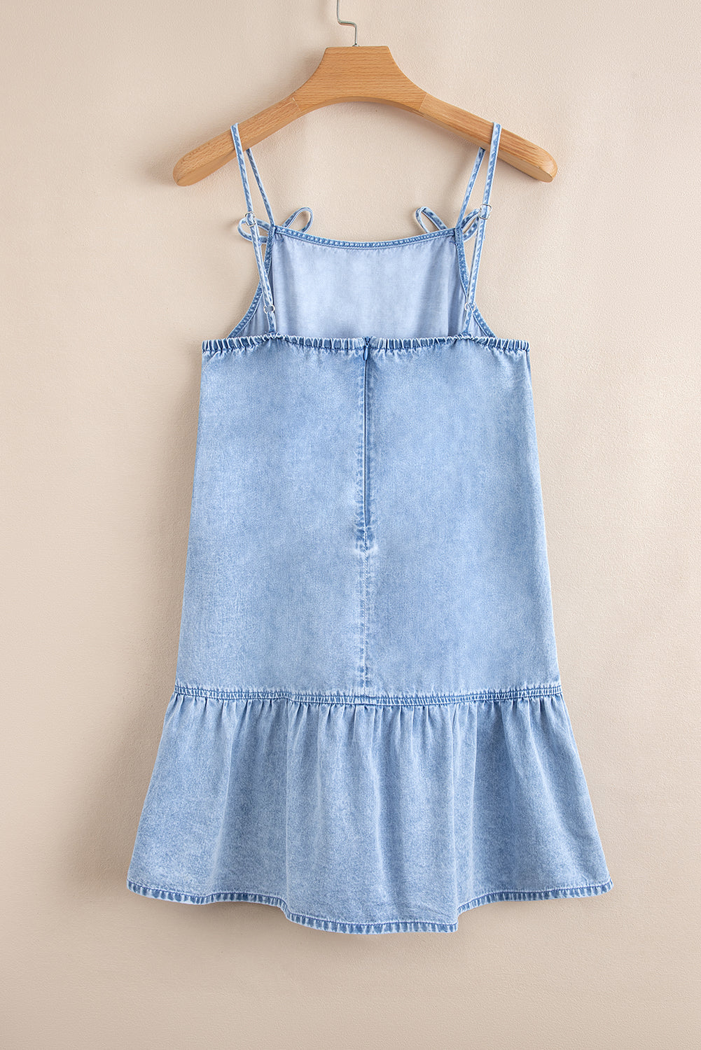 Beau Blue Bow Detail Spaghetti Straps Ruffle Hem Denim Short Dress Mini Dresses JT's Designer Fashion