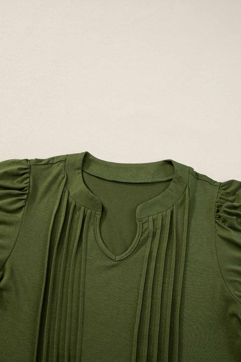 Fern Green Notched Neck Pleated Puff Sleeve Shift T-shirt Dress T Shirt Dresses JT's Designer Fashion