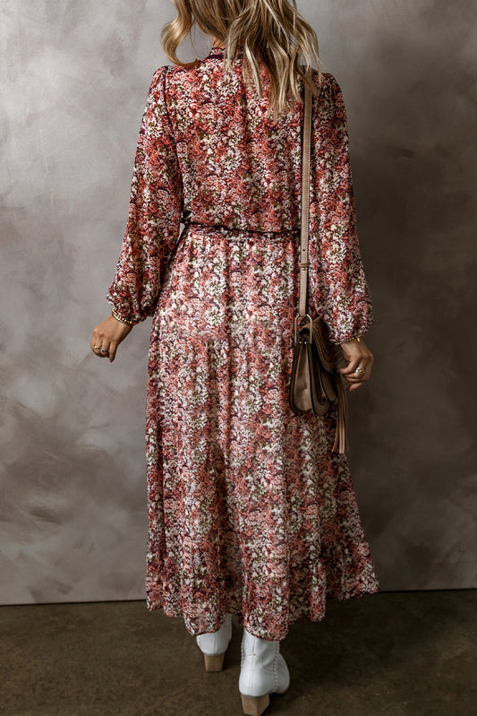 Brown Floral Print Split Front Tiered Frilled V Neck Midi Dress Floral Dresses JT's Designer Fashion