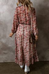 Brown Floral Print Split Front Tiered Frilled V Neck Midi Dress Floral Dresses JT's Designer Fashion