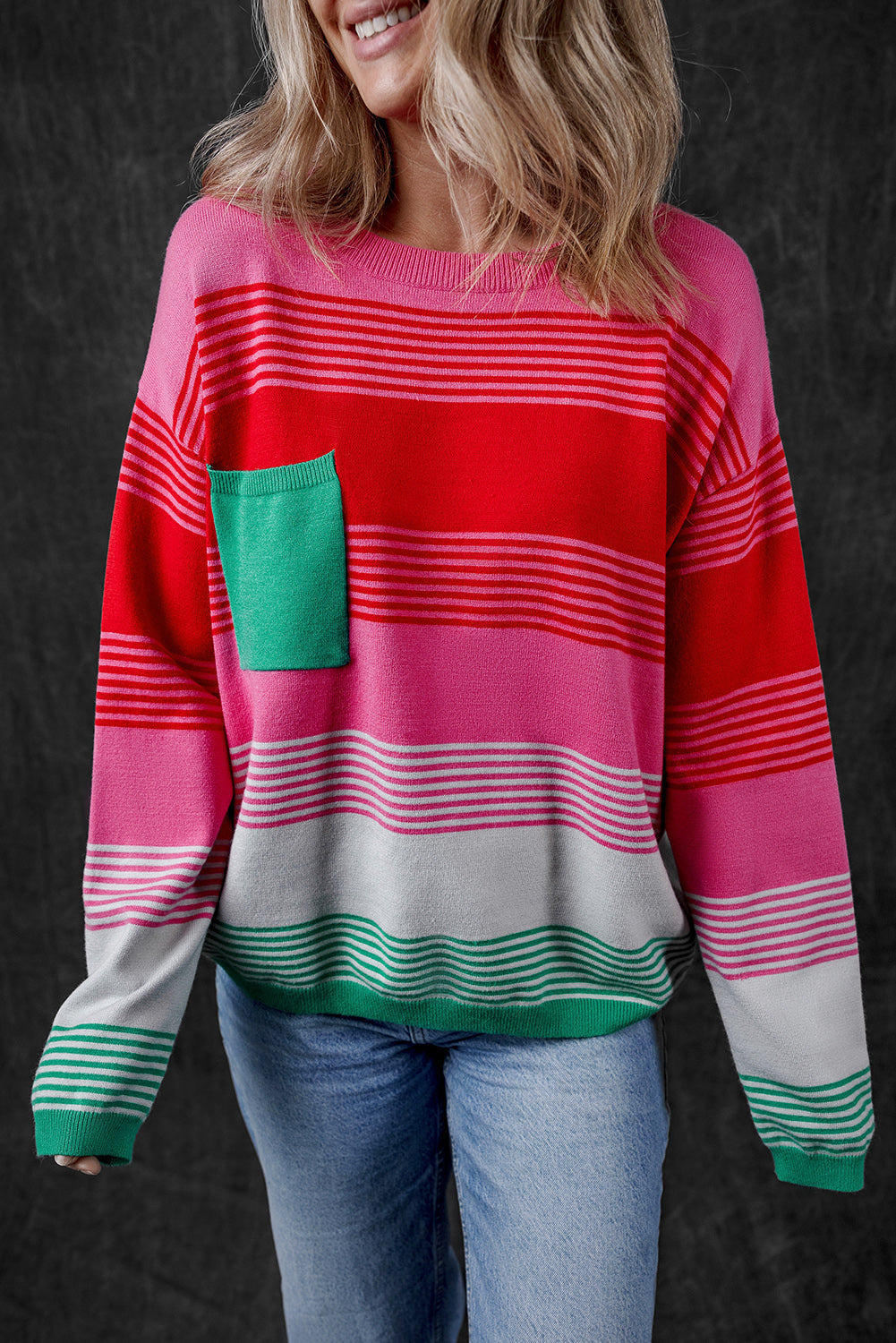 Rose Striped Knit Patch Pocket Drop Shoulder Sweater Rose 50%Viscose+28%Polyester+22%Polyamide Sweaters JT's Designer Fashion