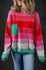 Rose Striped Knit Patch Pocket Drop Shoulder Sweater Rose 50%Viscose+28%Polyester+22%Polyamide Sweaters JT's Designer Fashion