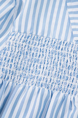 Sky Blue Stripe Shirred Detail Half Placket Collared Long Sleeve Fall Shirt Blouses & Shirts JT's Designer Fashion