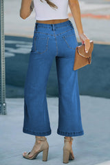 Dark Blue Plain Seam Detail Flared Bottom Ankle Length Jeans Jeans JT's Designer Fashion