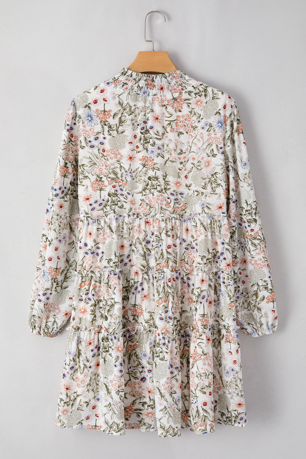 Green Floral Print Tiered Frilled Shirred Mock Neck Mini Dress Floral Dresses JT's Designer Fashion