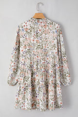 Green Floral Print Tiered Frilled Shirred Mock Neck Mini Dress Floral Dresses JT's Designer Fashion