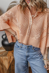 Apricot Pink Hollowed Knit 3/4 Dolman Sleeve Buttoned Collared Sweater Cardigans JT's Designer Fashion