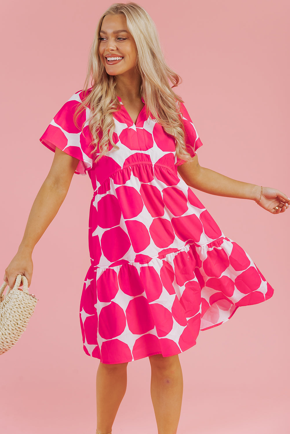 Rose Polka Dot Flutter Sleeve Notched Neck Tiered Flowy Dress Mini Dresses JT's Designer Fashion