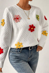 White Colorful Flower Applique Textured Knit Sweater Sweaters JT's Designer Fashion