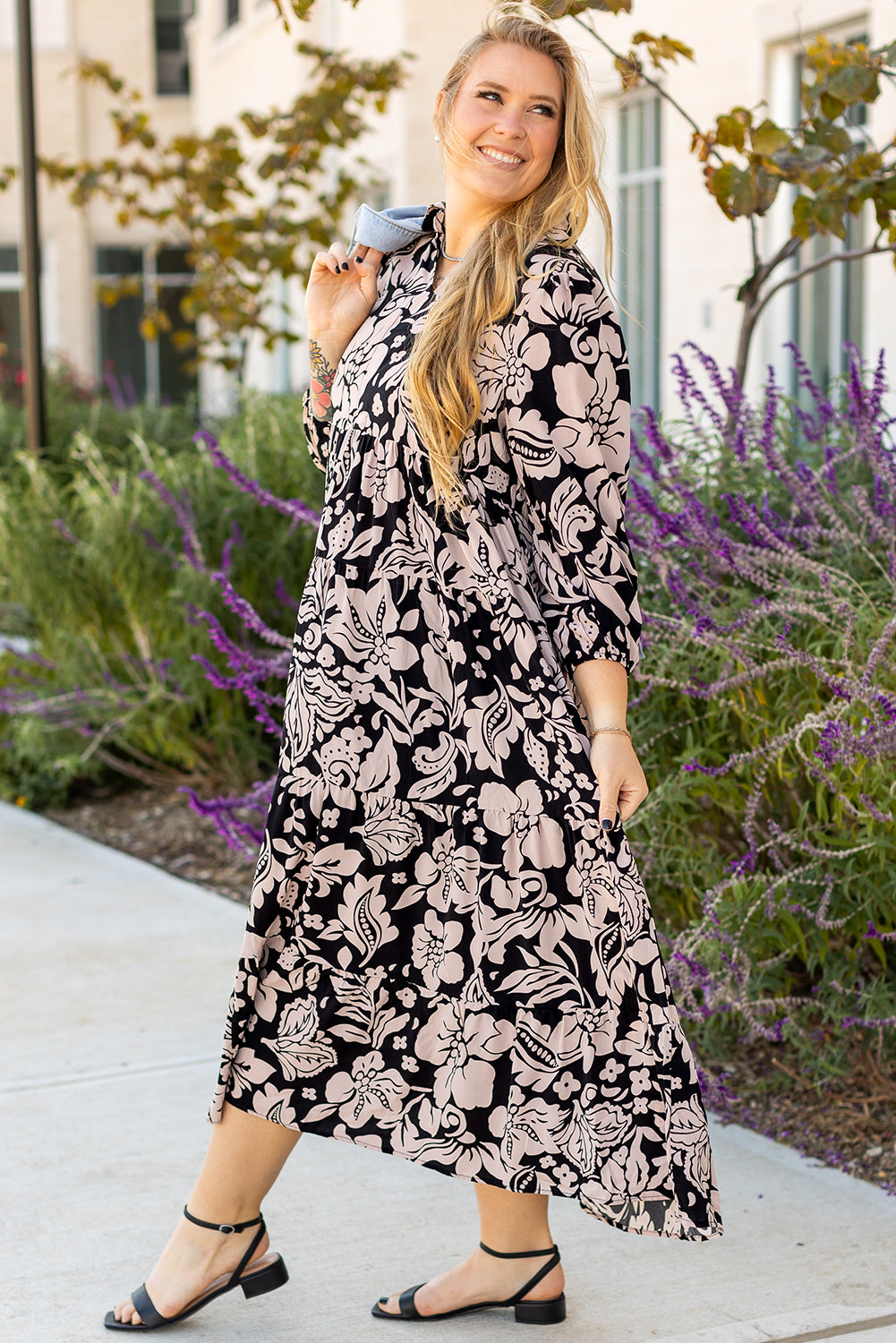 Black Plus Size Floral Printed Puff Sleeve Collared Maxi Dress Plus Size Maxi Dresses JT's Designer Fashion