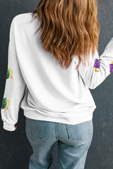 White Sequined Mardi Gras Mask Pattern Drop Shoulder Sweatshirt Graphic Sweatshirts JT's Designer Fashion