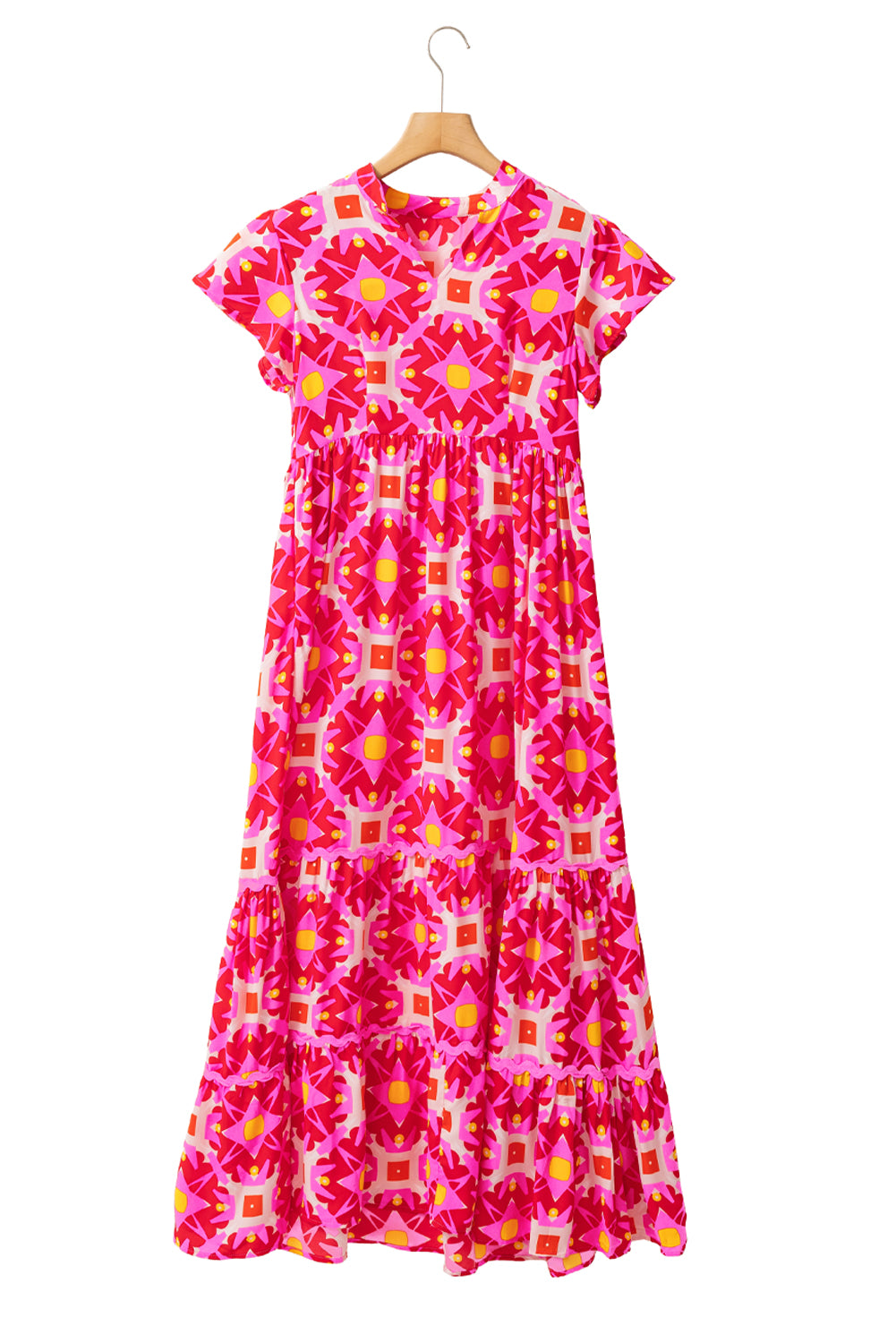 Strawberry Pink Geo Print V-neck Long Dress Maxi Dresses JT's Designer Fashion