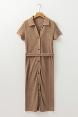 Buckskin Short Sleeve Textured Button Up Tie Waist Long Dress Maxi Dresses JT's Designer Fashion