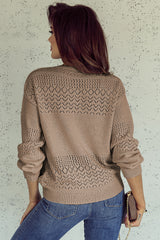 Camel Eyelet Pattern Detail V Neck Drop Shoulder Sweater Sweaters JT's Designer Fashion