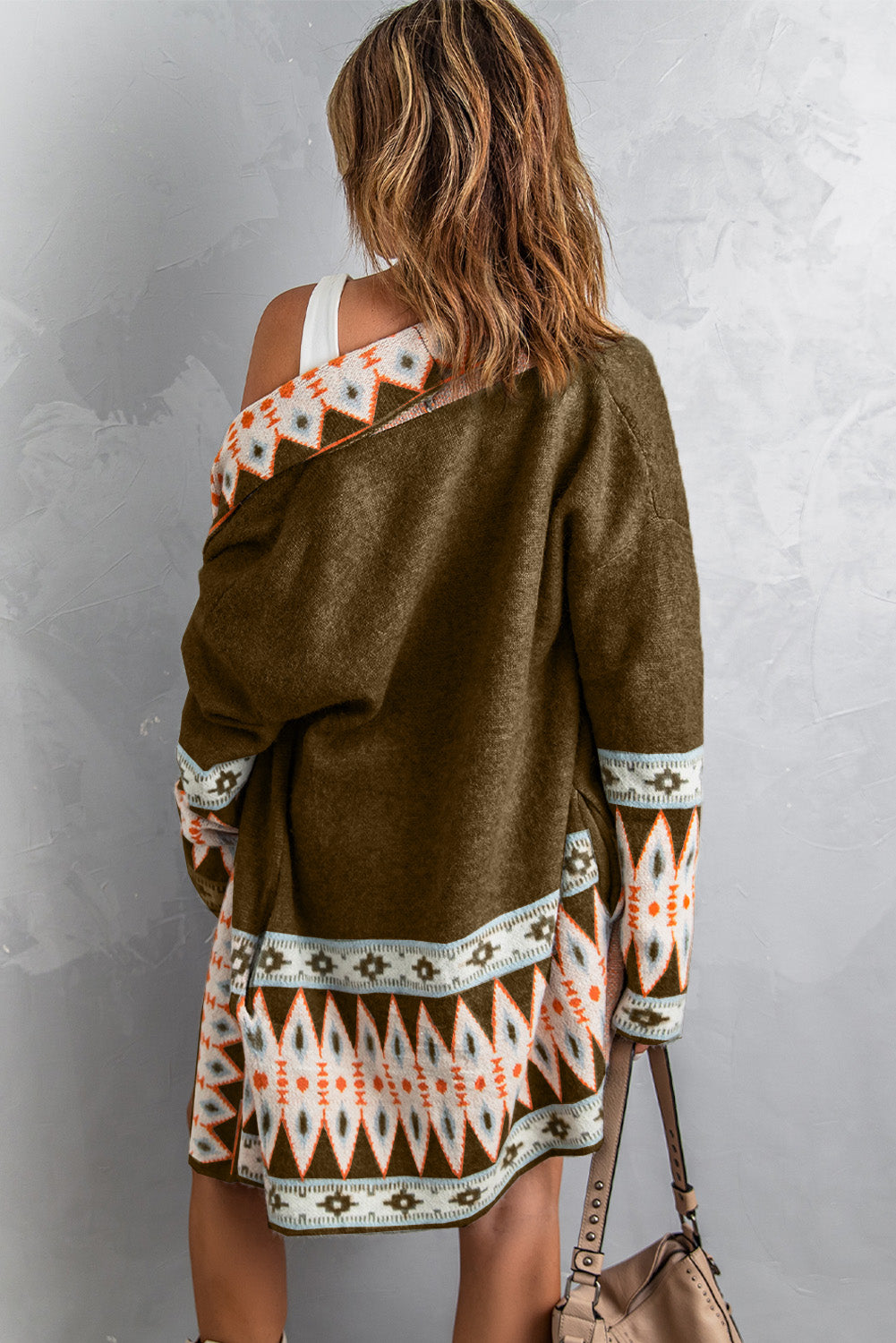 Brown Aztec Print Open Front Knitted Cardigan Sweaters & Cardigans JT's Designer Fashion