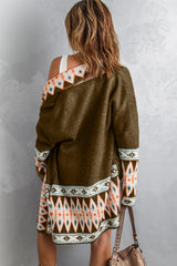 Brown Aztec Print Open Front Knitted Cardigan Sweaters & Cardigans JT's Designer Fashion