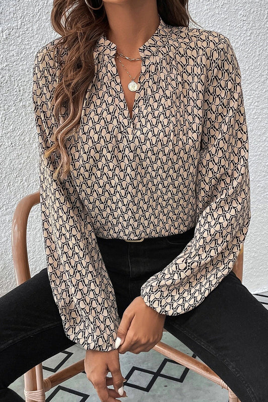 Khaki Geometric Print Notched Neck Puff Sleeve Blouse Khaki 100%Polyester Blouses & Shirts JT's Designer Fashion