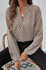 Khaki Geometric Print Notched Neck Puff Sleeve Blouse Khaki 100%Polyester Blouses & Shirts JT's Designer Fashion