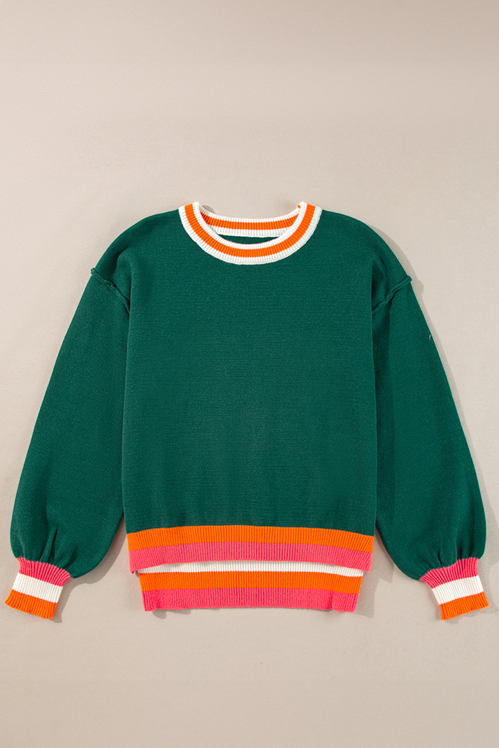 Blackish Green Colorblock Striped Trim Drop Shoulder Sweater Sweaters JT's Designer Fashion
