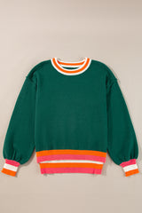 Blackish Green Colorblock Striped Trim Drop Shoulder Sweater Sweaters JT's Designer Fashion