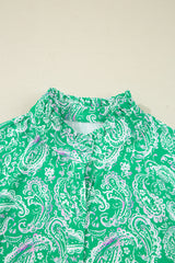 Green Paisley Print Long Sleeve Button Front Tied Waist Mini Dress Mini Dresses JT's Designer Fashion