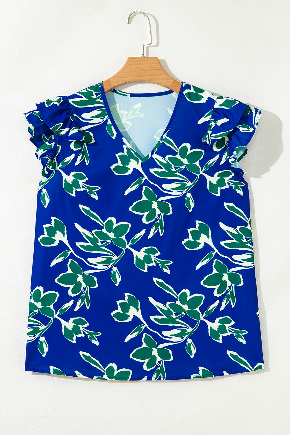 Blue V Neck Floral Print Double Ruffled Short Sleeve Blouse Blouses & Shirts JT's Designer Fashion