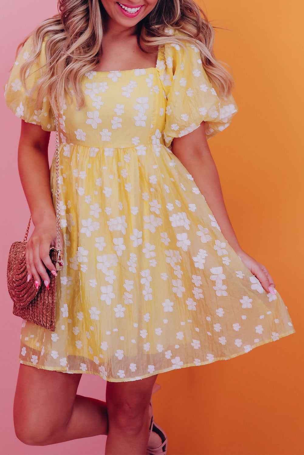 Yellow Boho Flower Jacquard Puff Sleeve Square Neck Mini Dress Floral Dresses JT's Designer Fashion