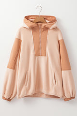 Light French Beige Colorblock Patchwork Half Zip Oversized Sherpa Hoodie Sweatshirts & Hoodies JT's Designer Fashion