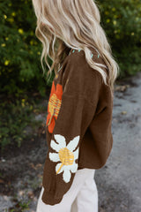 Coffee Big Flower Pattern V Neck Drop Shoulder Sweater Sweaters JT's Designer Fashion