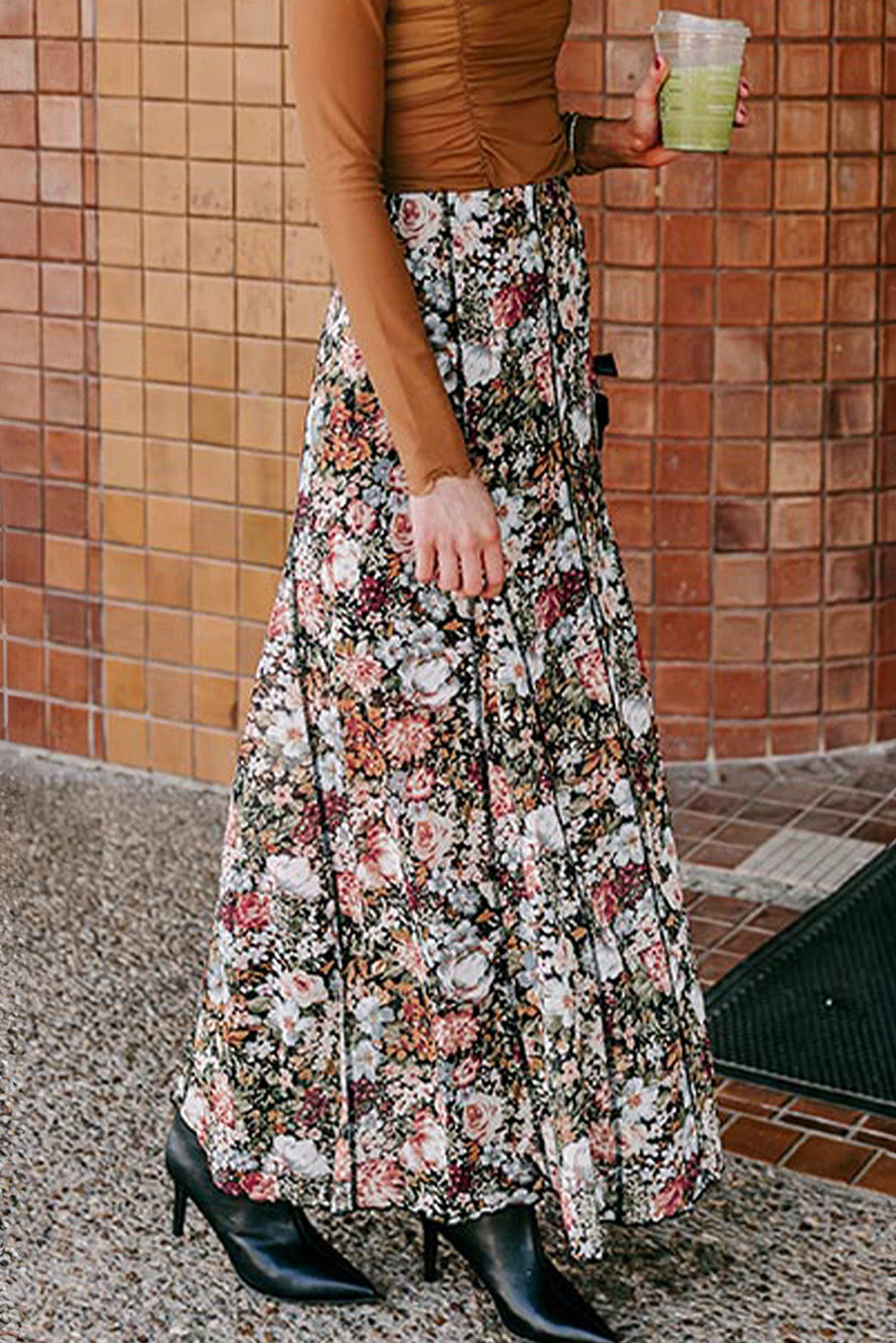 Brown Floral Print High Waist Maxi Skirt Skirts & Petticoat JT's Designer Fashion