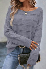 Light Grey Boat Neck Drop Shoulder Pointelle Knit Sweater Light Grey 100%Polyester Sweaters JT's Designer Fashion