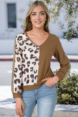 Brown Leopard Splicing Waffle Knit V Neck Top Long Sleeve Tops JT's Designer Fashion