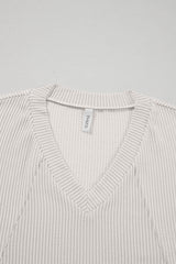 White Solid Color Corded Drop Shoulder 3/4 Sleeve V Neck Top Long Sleeve Tops JT's Designer Fashion