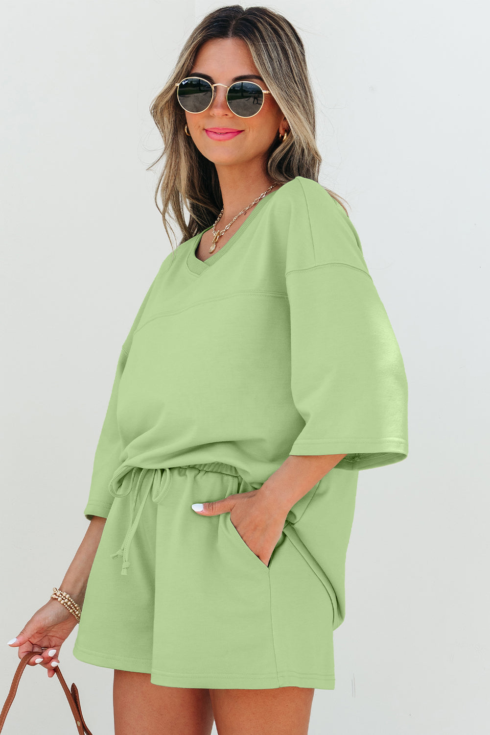 Meadow Mist Green Solid Loose V Neck Half Sleeve Tee and Shorts Short Sets JT's Designer Fashion
