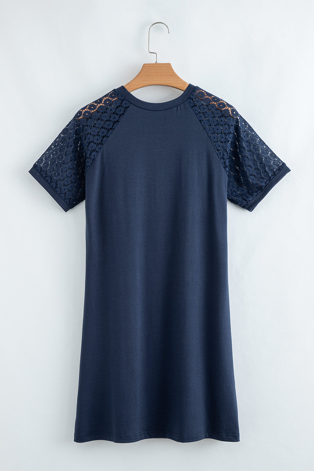 Navy Blue Contrast Lace Raglan Sleeve Pleated Detail Shift Dress T Shirt Dresses JT's Designer Fashion